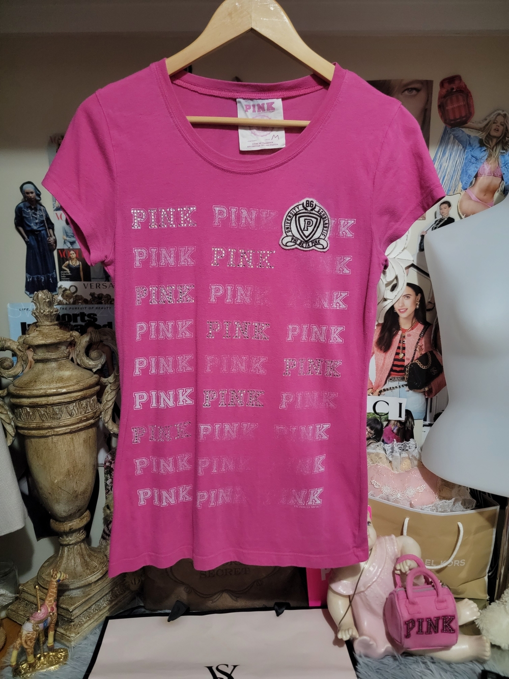Hot Pink Victoria's Secret PINK Rhinestone Bling Tee Medium